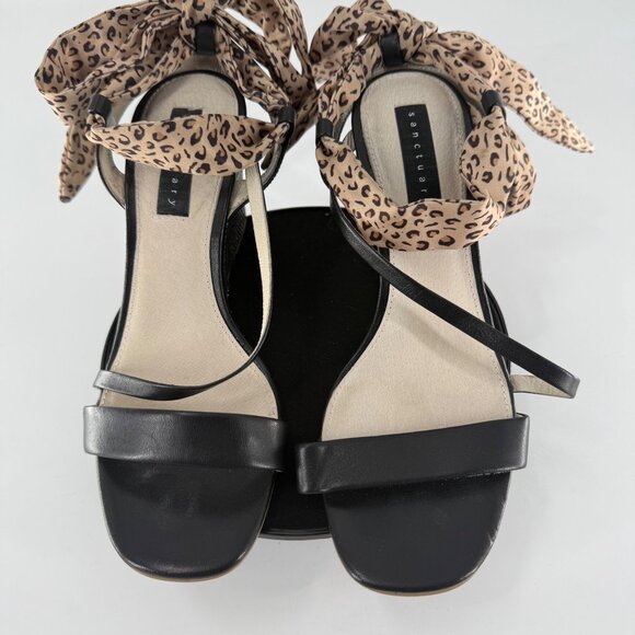 Sanctuary Whimsy 7M Black Leather Upper Wedge Sandals W/ Leopard Scarf Strap - Picture 6 of 11